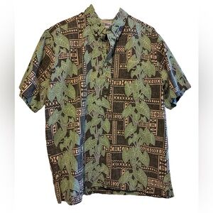Reyn Spooner Black and Green Leaf Print Hawaiian Shirt XL